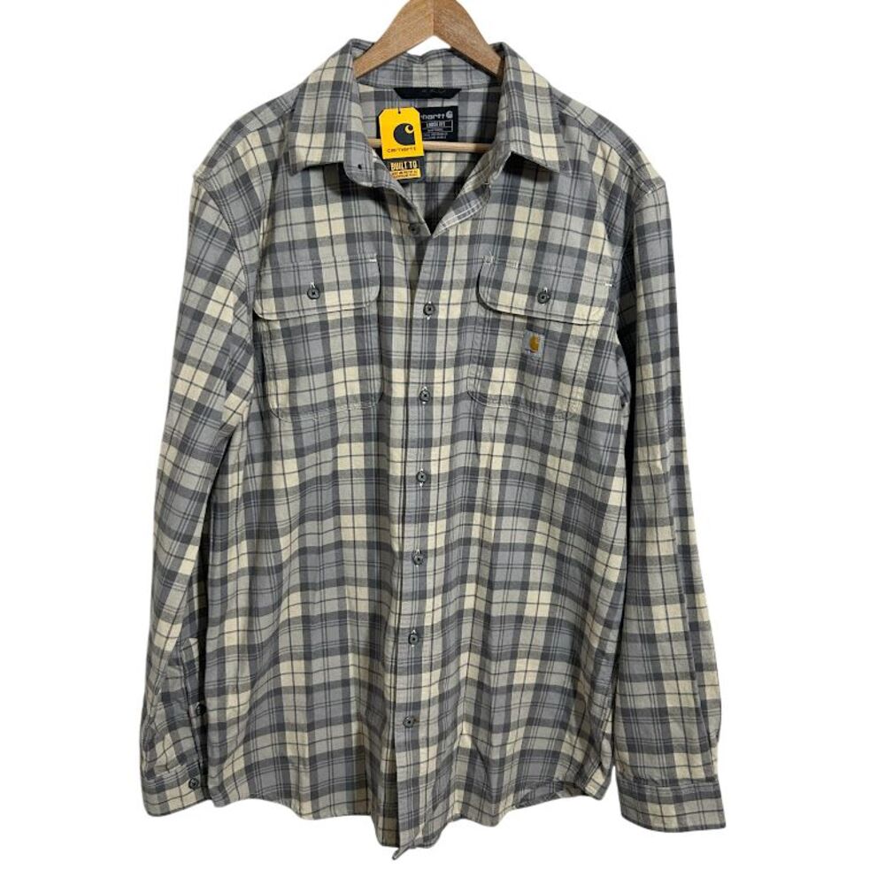 NWT Carhartt Men's Long Sleeve Flannel Shirt L Tall Loose Fit Gray Black Plaid